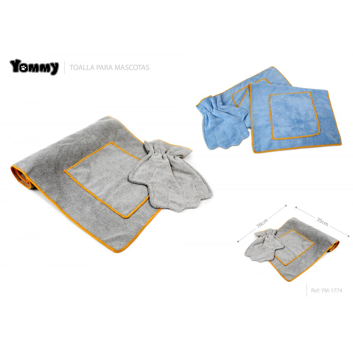 Toalla de baño de poliéster para mascotas más guantes toalla 35*78 CM + bolsillo 18*20*2 + guantes 22*26 CM